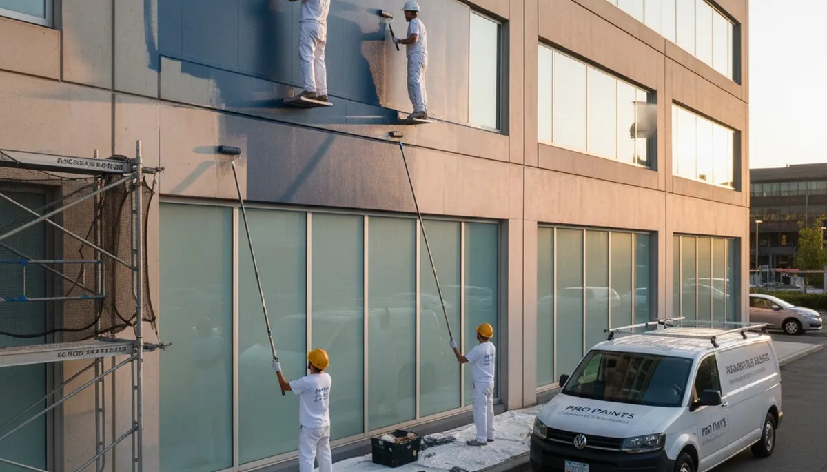 Professional commercial painters refinishing Clearwater FL business exterior with durable coastal paint