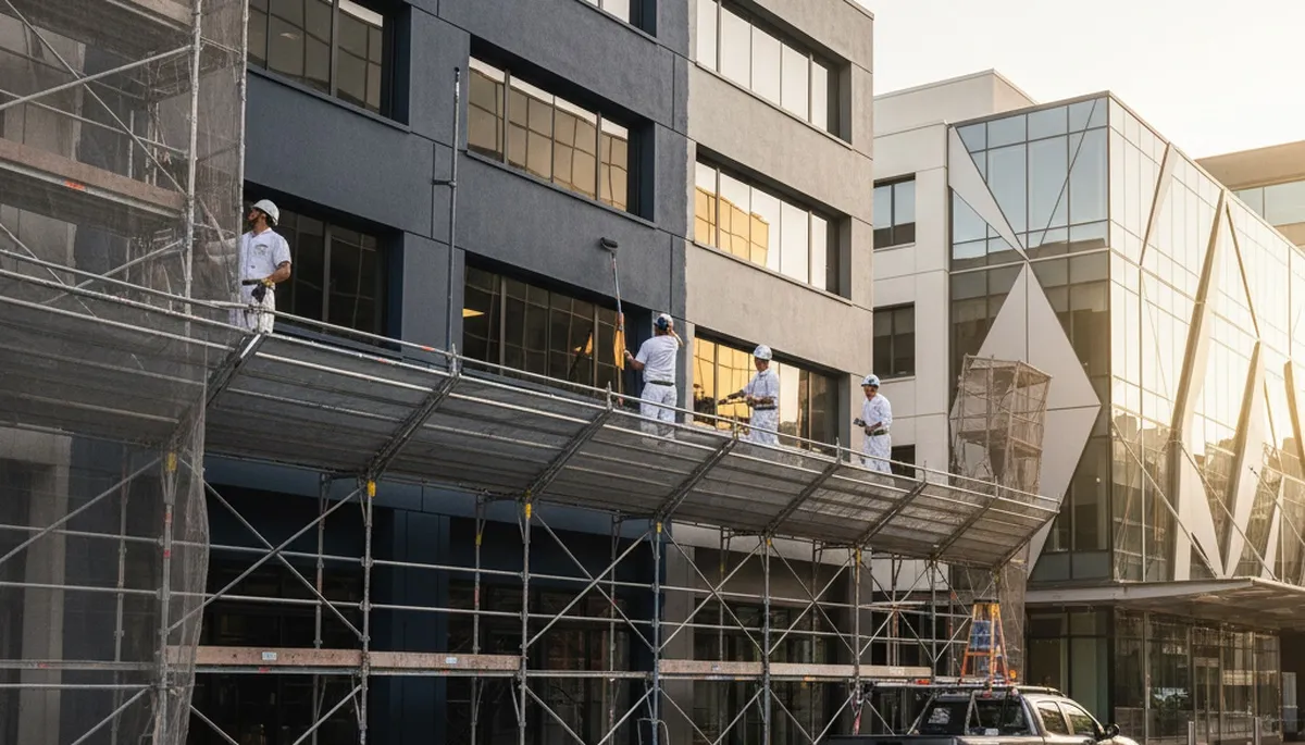 Professional commercial painters coating Clearwater FL business exterior with durable paint finish