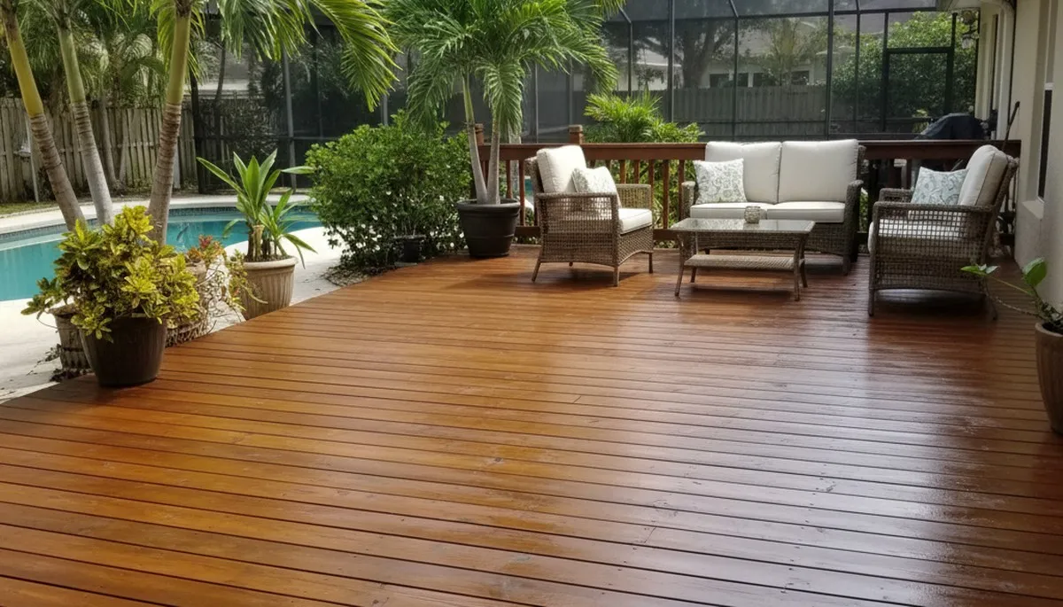Finished deck staining in Clearwater FL highlighting rich wood tones and weather-resistant protective finish