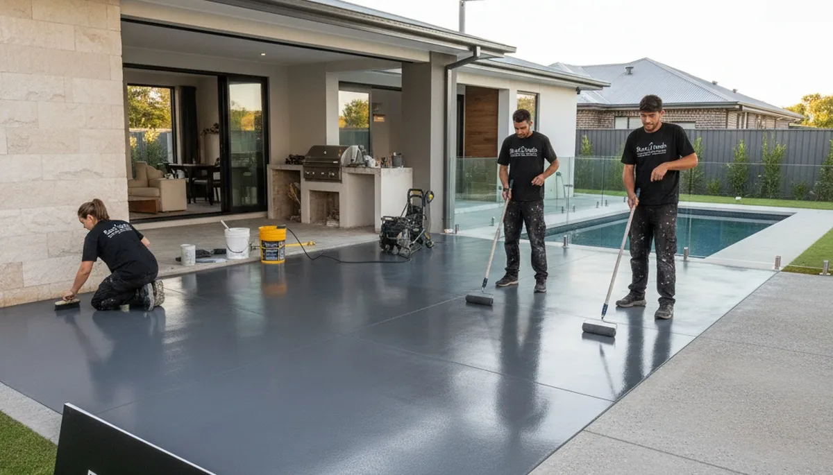Professional concrete staining on Clearwater FL patio with durable, weather-resistant finish