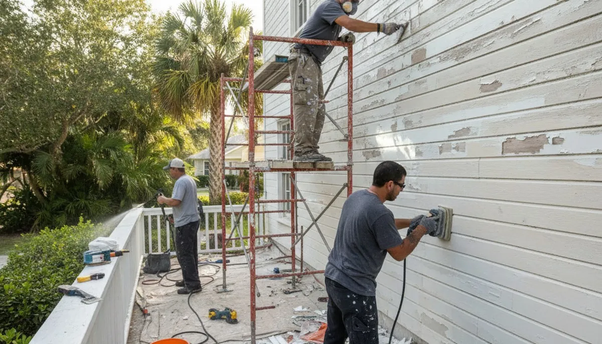 Painter prepping exterior wall for new coating in Clearwater FL home, ensuring smooth, durable paint finish